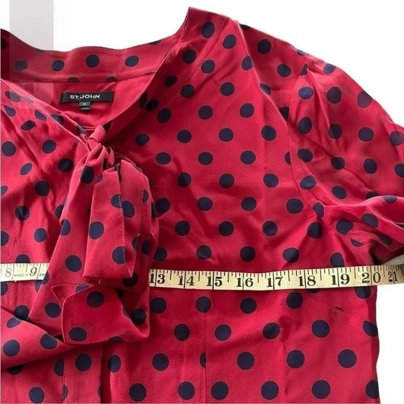 St John Silk Polka Dot Blouse Neck Tie Red Blue Size 12 - Picture 13 of 16